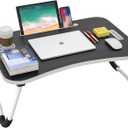 BUYIFY Folding Lap Desk, 23 Inch Portable Wood Deep Black Laptop Bed Desk Lap Desk with Cup Holder, for Working Reading Writing, Eating, Watching Movies for Bed Sofa Couch Floor