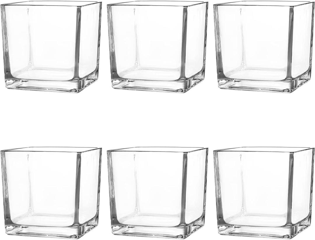 Set of 6 Square Glass Vases 4" x 4" x 4", Clear Flower Vase, Plant Terrarium, Candle Holder for Wedding Centerpiece, Office Decorations, Home Dcor, Parties and Events
