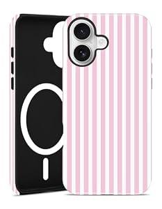 Jusy Compatible with MagSafe Striped Phone Case for iPhone 16 Plus, Cute Aesthetic Magnetic Soft TPU and Hard PC Protective Phone Cover for Women Girls (Matte) - Pink