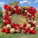 Red and Gold Balloon Garland Double Stuffed Ruby Red Gold Balloons Arch Kit With Mylar Balloon for Birthday Wedding Engagement Baby Shower Anniversary Party Decoration