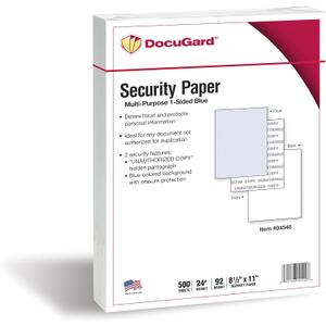 DocuGard Standard Blue Multi-Purpose Security Paper - Fraud Prevention - 2 Security Features - Laser & Inkjet Printer Compatible - 8.5" x 11 - 24 lb - 500 Sheets (04540)