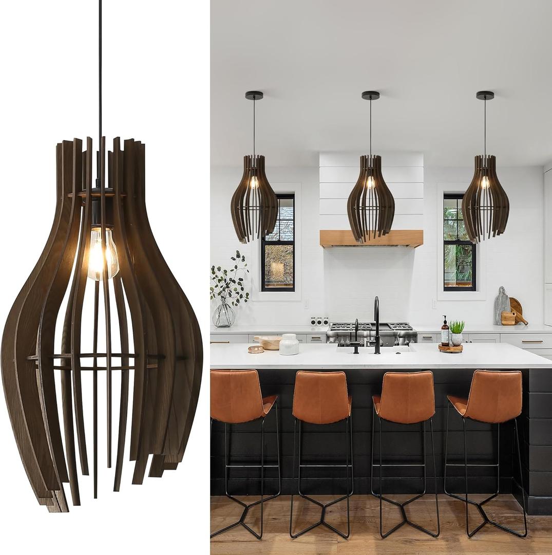 Vintage Wood Pendant Light Fixtures, Modern Farmhouse Walnut Dining Room Chandelier, Mid-Century Ceiling Mount Hanging Light Fixture for Kitchen, Bedroom, Living Room, Foyer, Art Decor, Black (Bottle Shape)