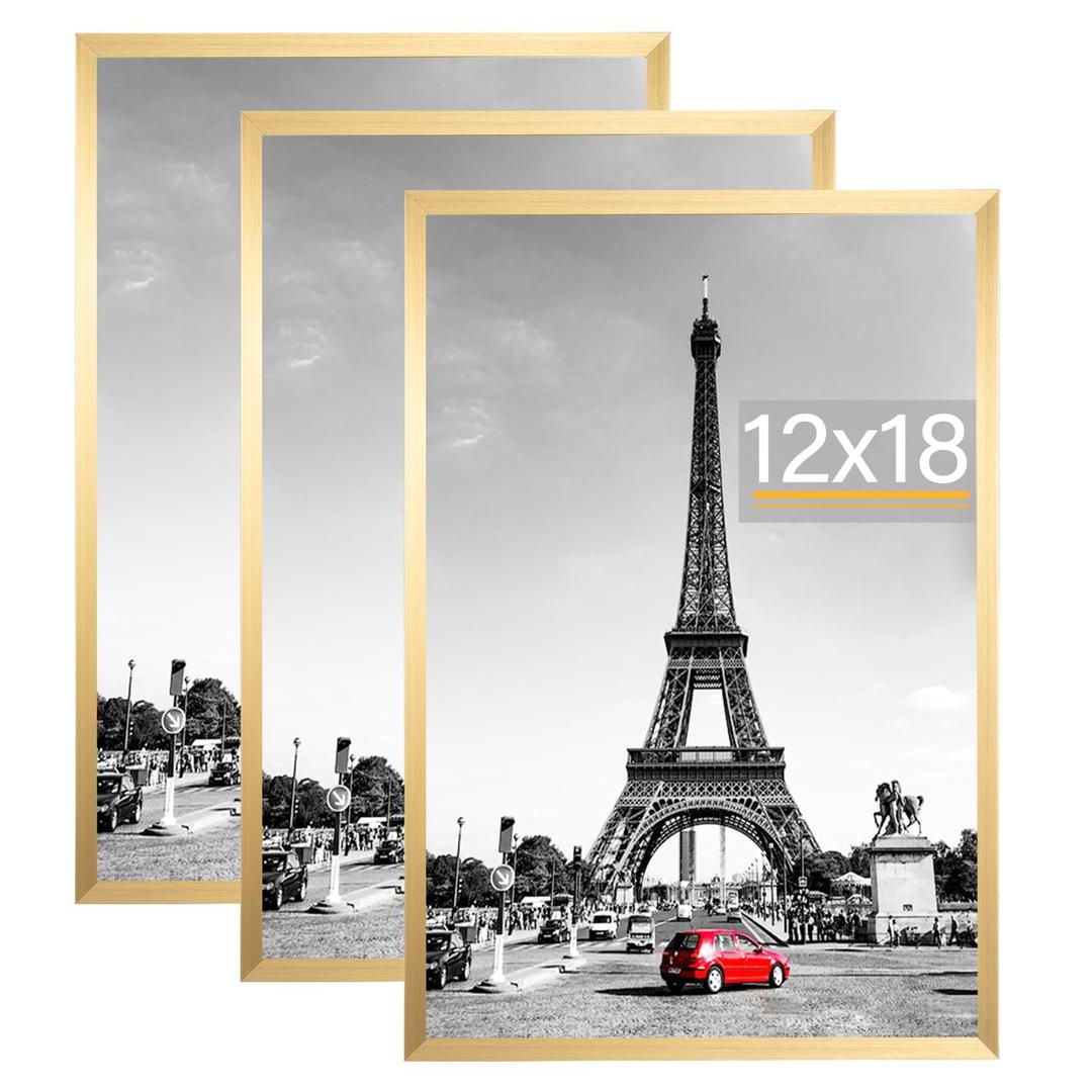 kennethan Picture Frame, Wall Gallery Poster Frames, Horizontal or Vertical Wall Mounting (Gold, 12x18-3 Pack)