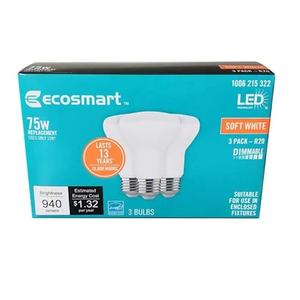 EcoSmart 75-Watt Equivalent R20 Dimmable Energy Star LED Light Bulb Soft White 2700K (3-Pack), R20-1D 11W E26 120V