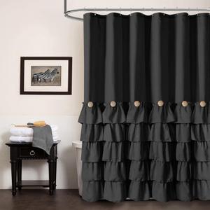 Seasonwood Black Ruffle Shower Curtain Farmhouse Style Black Fabric Shower Curtain Nature Button Chic Ruffles and French Country Style 7278