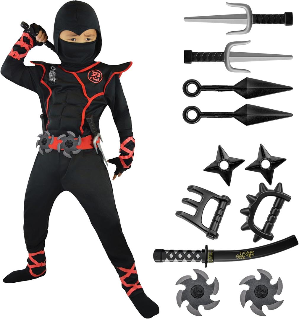 Spooktacular Creations Halloween Ninja Costume, Ninja Outfit Set for Kids, Halloween Costumes for Boys Dress Up Party (L (10-12 YRS), Black)
