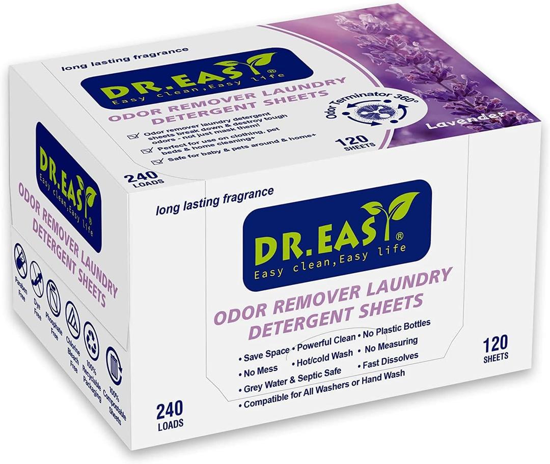 DR.EASY Odor Remover Laundry Detergent Sheets 240 loads Lavender,Easy To Carry Great For Travel,safe for baby & pets,No mess No Dyes biodegradable formula (120 Count (Pack of 1) DR.EASY Odor Remover Laundry Detergent Sheets 240 loads Lavender,Easy To Carry Great For Travel,safe for baby & pets,No mess No Dyes biodegradable formula (120 Count (Pack of 1)