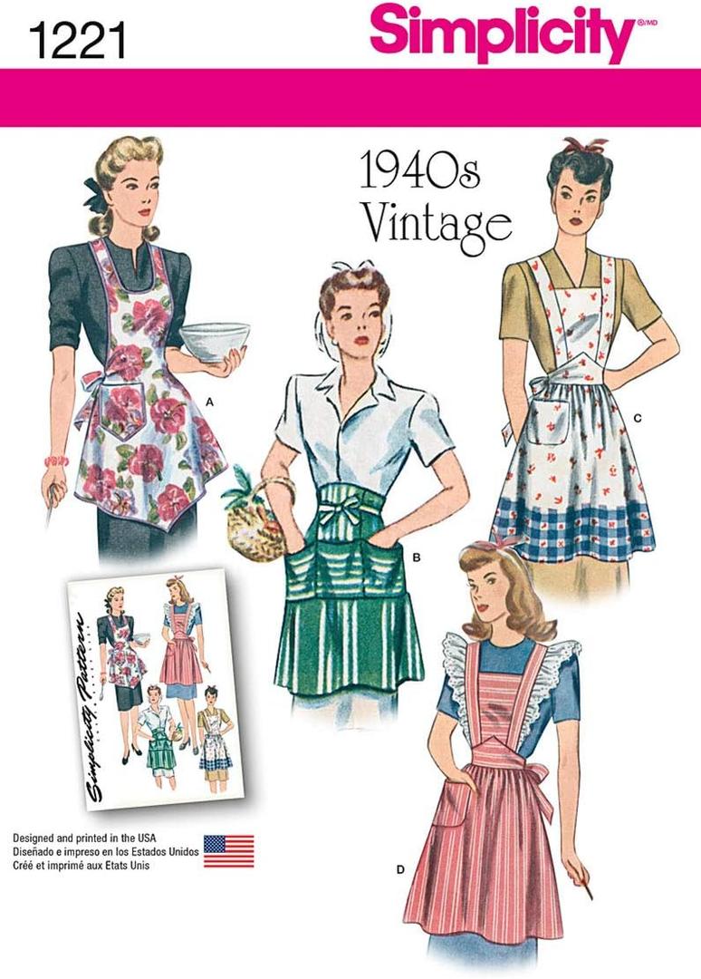 Simplicity Vintage Simplicity 1221 1940's Vintage Fashion Women's Apron Sewing Pattern Kit, Sizes S-L