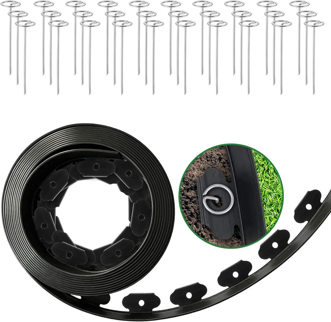 4 in Tall Landscape Edging, 120 ft Garden Border with 120 Metal Spikes, Flexible Plastic for Lawns - Black, No-Dig Design
