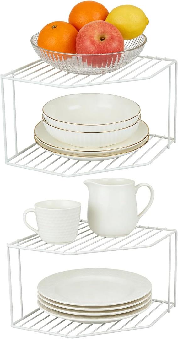 2Pcs 2-Tier Corner Stackable Organizer Shelf - Cabinet Storage Shelf Rack, ShelvesKitchen Counter and Cabinet Shelf, Storage Rack Organizer for Kitchen(White)