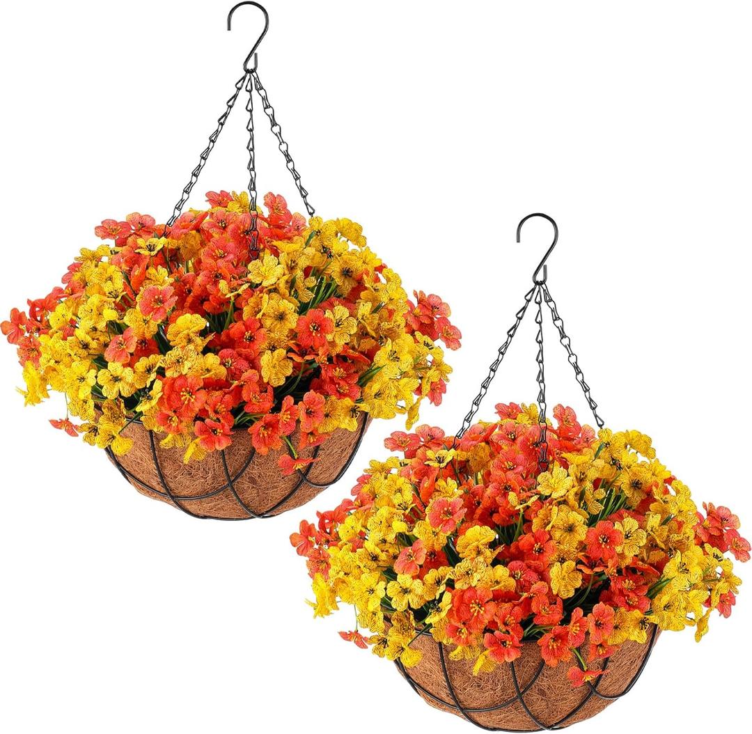Artificial Fall Hanging Flowers Basket for Outdoor Decoration Faux Orchid Arrangement Porch Plants Coconut Lining Basket for Autumn Courtyard Decor(Yellow, Orange,2 Pack)