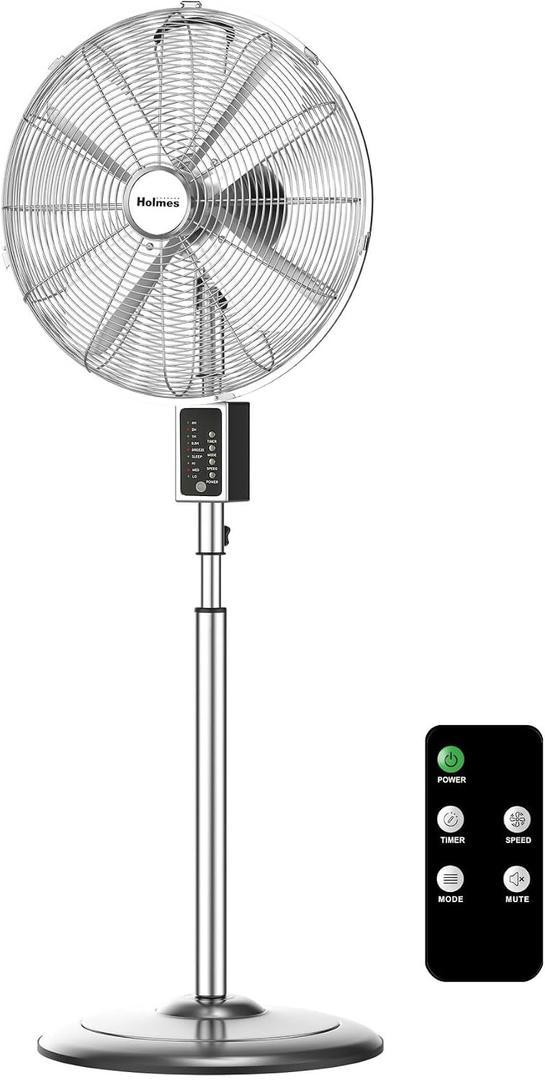 Holmes 16 Inch Chrome Digital Metal Stand Fan 3 Speeds 75 Degree Oscillation 20 Degree Head Tilt Adjustable Height Quiet Operation Remote Control for Home Office Bedroom Living Room