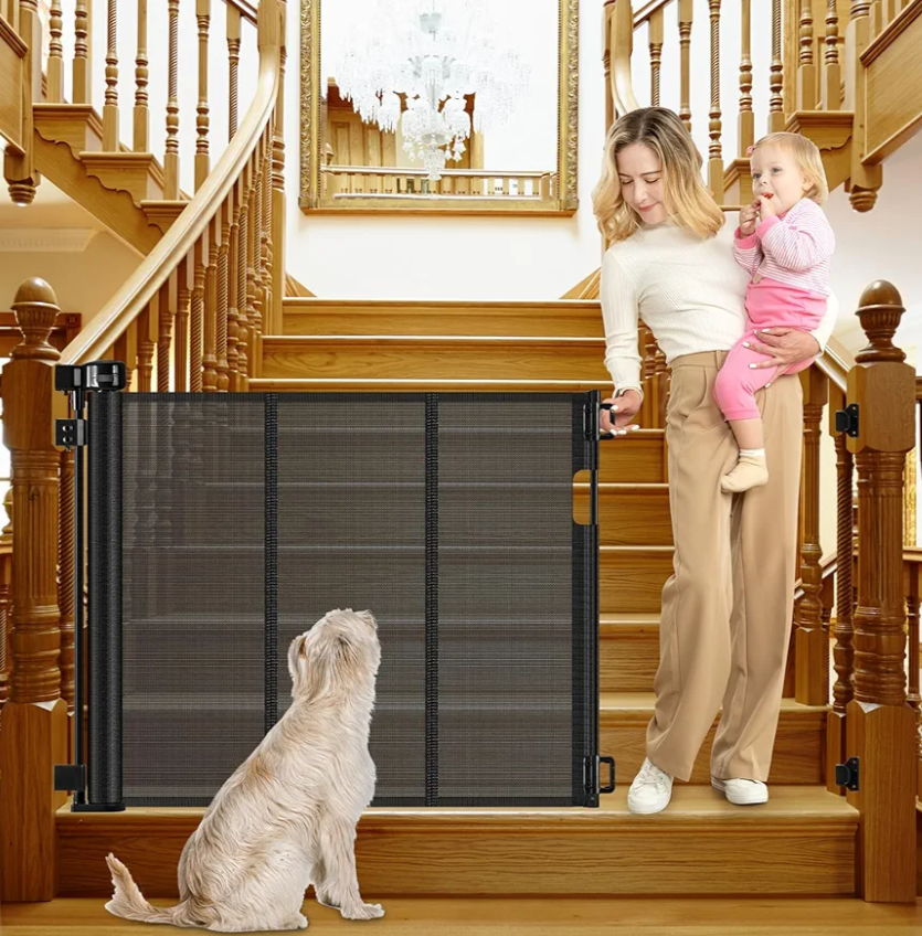 Reinforced Retractable Dog Gate for Stairs 55 Inch Adjustable Brackets and Detachable Latches Retractable Baby Gate Retractable Mesh Gate for Kids and Pets Banister to Banister Mesh Pet Gate for Stair