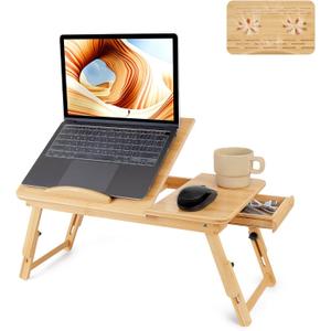 Bamboo Laptop Desk, Adjustable Foldable Bed Tray Table for Bed, Sofa, and Floor, Portable Lap Desk with Tilting Top & Drawer for Writing, Reading, Breakfast, Drawing, and Working