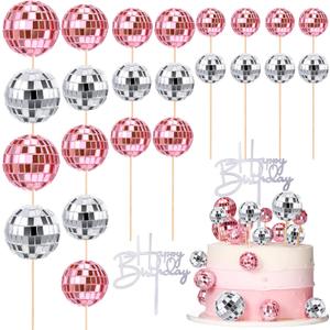 24 Pcs Disco Ball Cupcake Toppers Happy Birthday Cake Topper 1970s Retro Cake Decorations Shiny Pink Mini Disco Ball Toppers for 70s 80s Theme Party Supplies(Pink and Silver)