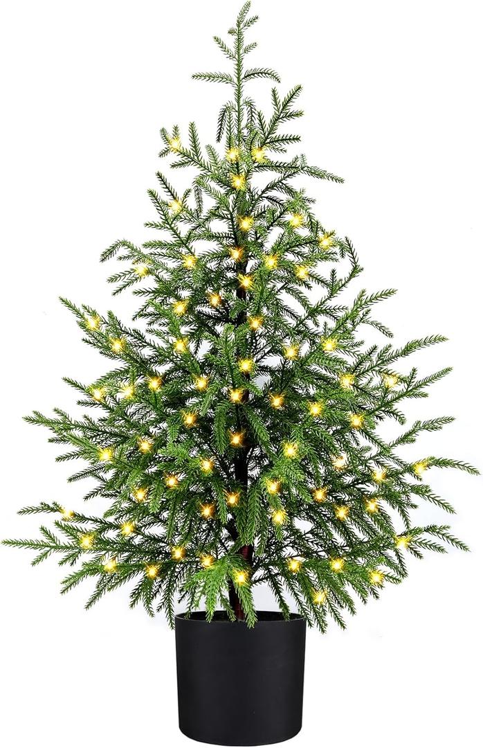 3FT Pre-Lit Artificial Norfolk Pine Christmas Tree  Realistic Potted Tree with 70 LED Lights & 8-Mode Battery Box, Pre-Assembled Faux Holiday Decor for Indoor Display