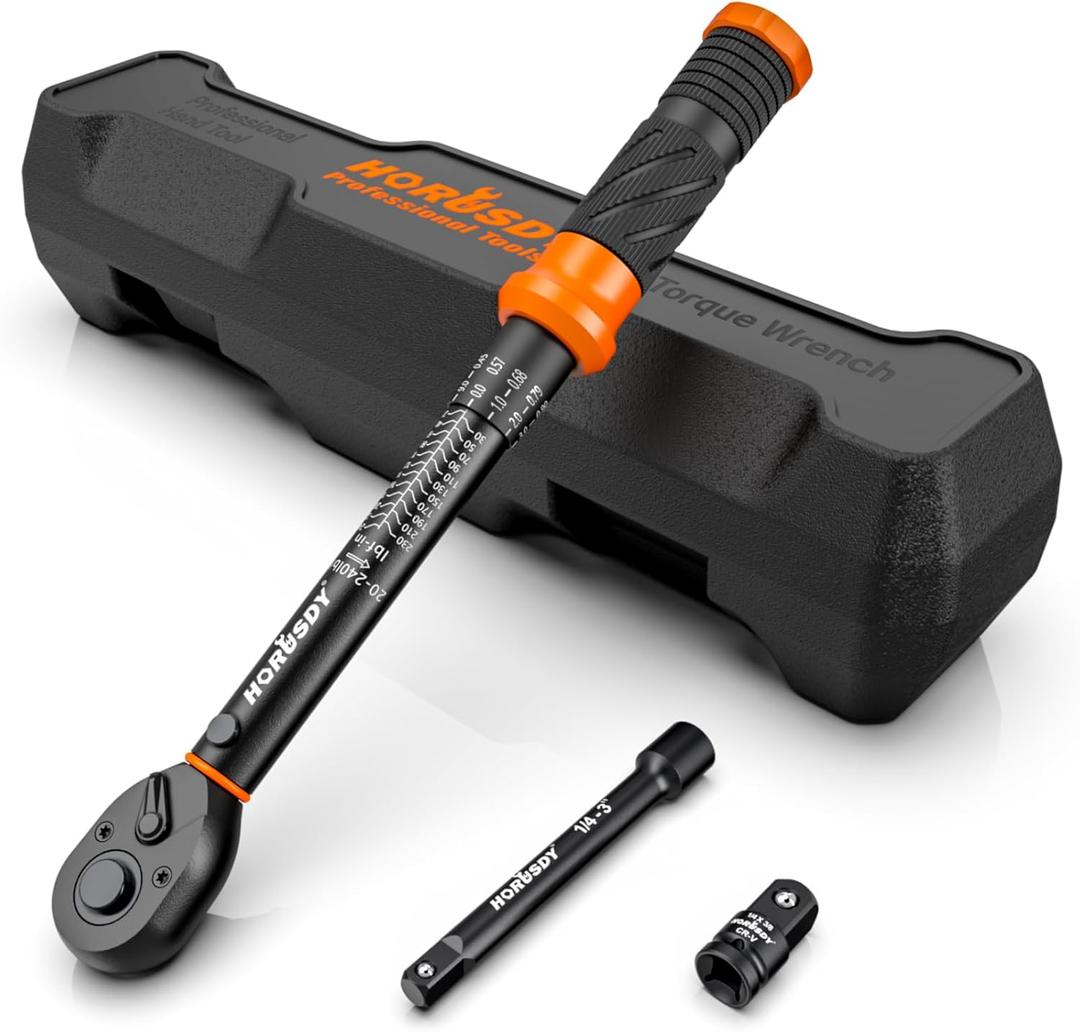 HORUSDY 1/4" Torque Wrench 4PCS Set, 20-240 in-lb Click Torque Wrench with 3" Extension Bar & 1/4" to 3/8" Adapter, Cr-V Inch Pound Torque Wrenches for Bike, Motorcycle & Small Engine Repair