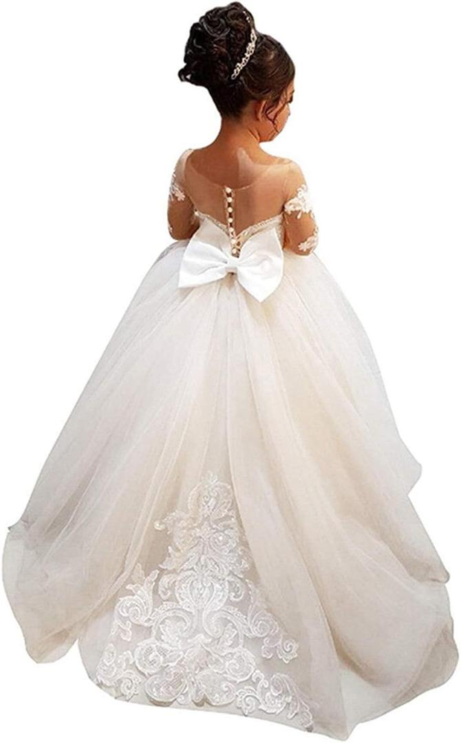 Magicdress Princess Bow Long Girls Lace Dresses Kids Wedding First Communion Tulle Ball Gown 57 (White)