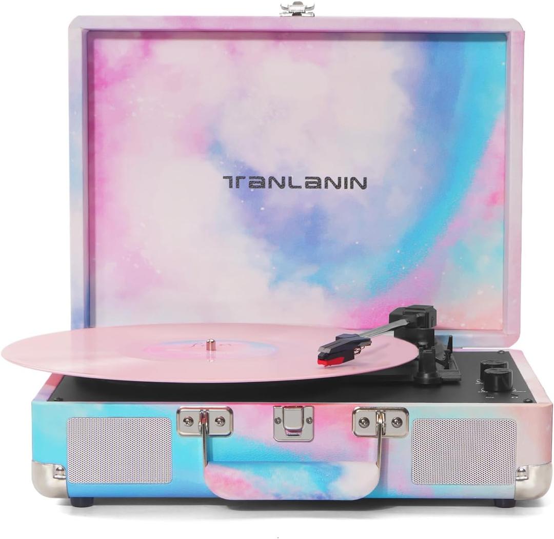 Watercolor Vinyl Record Player with Treble & Bass Control, Vintage 3-Speed Bluetooth Suitcase Portable Turntables with Built-in Speakers, 33 45 78 RPM LP Player Support RCA/AUX/Headphone Jack, Blue