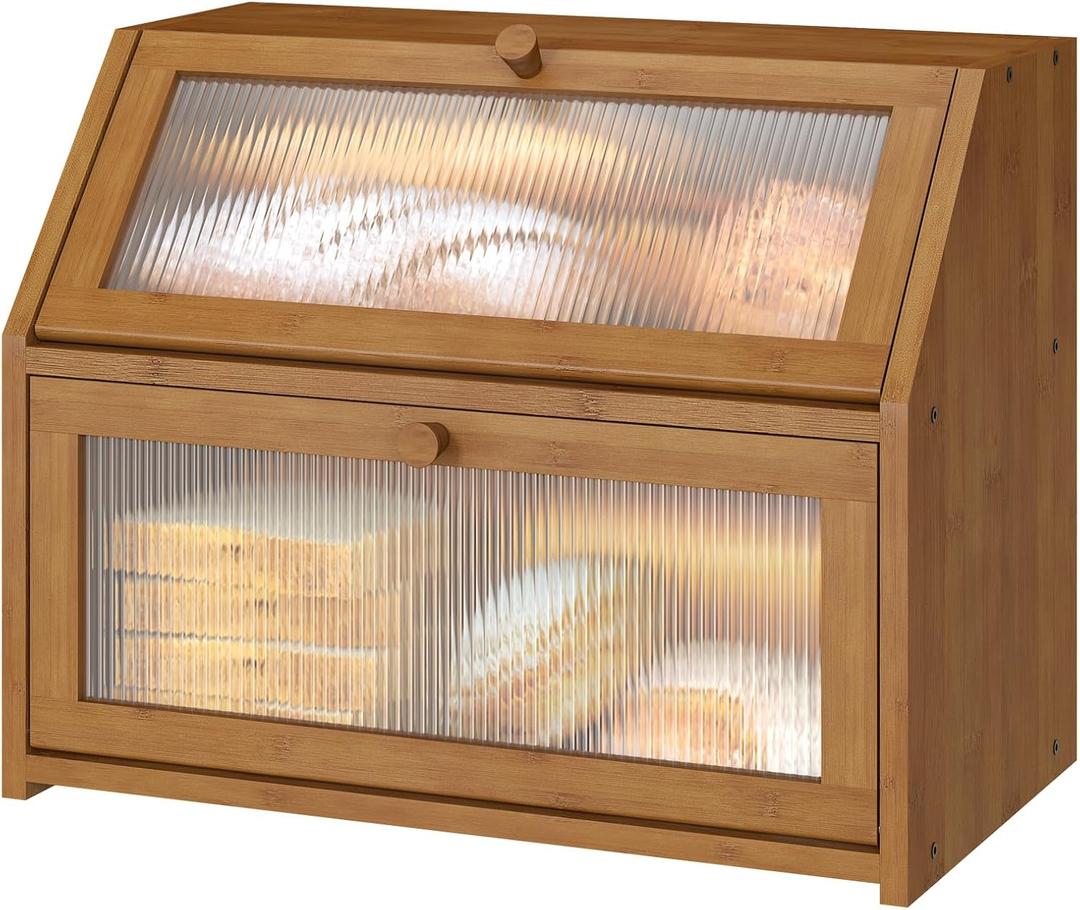 Bread Box for Kitchen Counter, Large Bamboo Wood Double Layer Bread Box, Wooden Bread Storage Capacity (Brown)