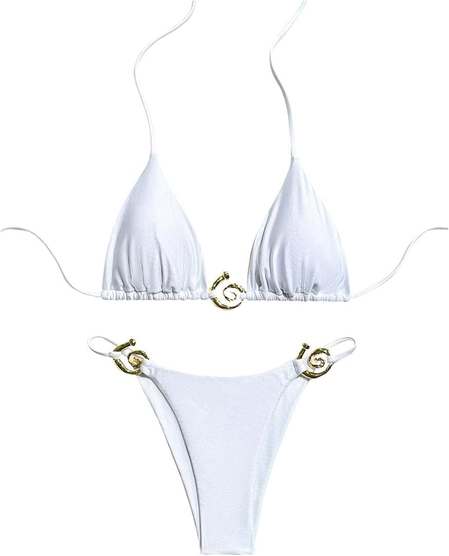 OYOANGLE Women's 2 Piece Bikini Set Spaghetti Strap Halter Swimsuit High Cut Bathing Suits (White) S