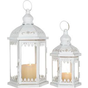 Lanterns Decorative Outdoor&Indoor, Set of 2 (15"&11") White Metal Lantern Decor with Glass, Candle Holder for Porch, Patio, Garden, Balcony, Wedding, Table Centerpiece