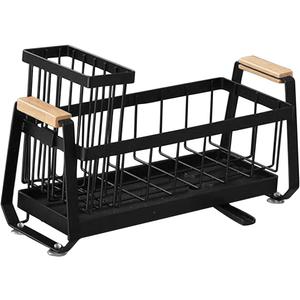 Stainless Steel Kitchen Sink Caddy, Kitchen Sponge Holder, with High Brush Holder, Adjustable Divider, Tilted Drain Pan, Multifunctional Sink Accessories, for Sponge, Soap, Dish Brush, Grey (black)