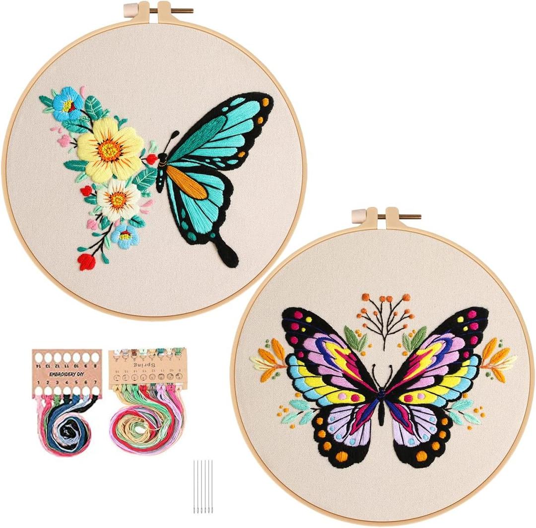 Konrisa Embroidery Kits with Butterfly Flower Pattern, Stamped Embroidery Starter Kit for Beginners Adults Needlepoint Kits Include Embroidery Fabric Embroidery Hoop Threads and Needles, Set of 2