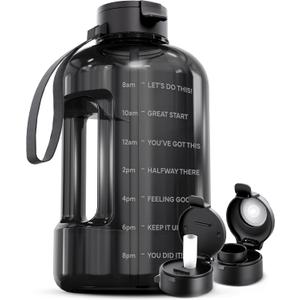 AQUAFIT 128 oz Water Bottle with Time Marker - Straw & Chug Lid - BPA Free 1 Gallon Gym Water Bottle with Handle - Big Gallon Jug (Gray, 128 Ounces)