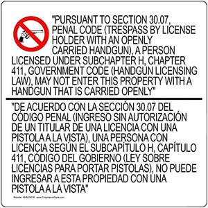 ComplianceSigns.com Texas 30.07 Concealed Carry Bilingual Window Cling, 24" x 24"