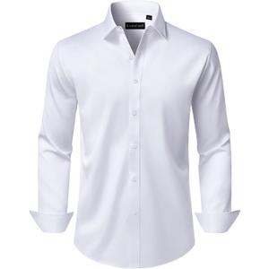Men's Dress Shirts Long Sleeve Stretch Wrinkle Free Wedding Formal Business Button Down Shirt (White, M)