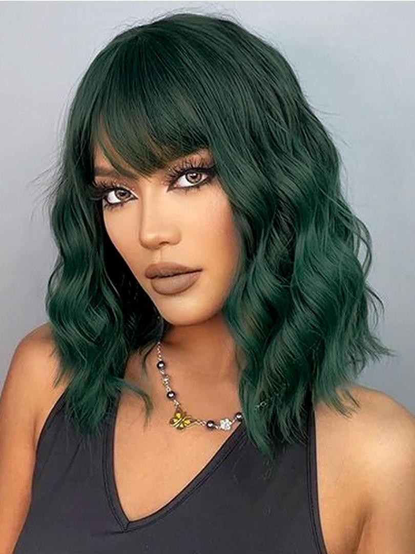 LOSMOEER Dark Green Wig with Bangs Short Wavy Wigs for Women Shoulder Length Curly Bob Wigs Heat Resistant Synthetic Wigs for Halloween Cosplay Daily Party Use (14 Inch)