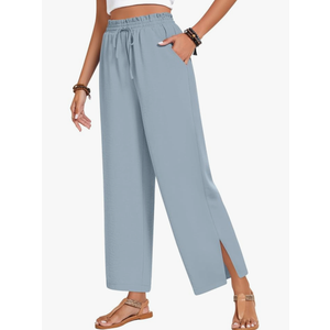 Anyhold Womens Wide Leg Lounge Pants Loose High Waisted Side Slit Pants Drawstring Casual Palazzo Pants with Pockets, XL