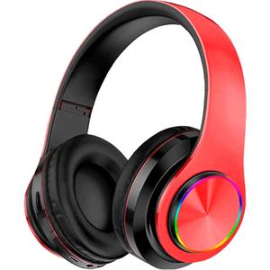 Wireless Bluetooth Headphones with Colorful LED Lights, Built-in Mic, Light Weight, Foldable, Wired HiFi Stereo Headphones for Classroom/Home Office/PC/Mobile Phone/Kids Adult (Red Black)