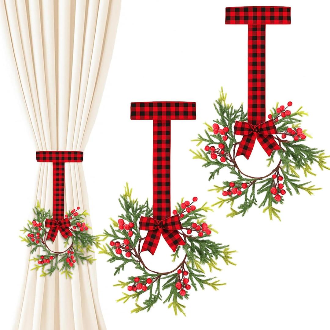 2 Pcs 4" Mini Christmas Wreath Curtain Tieback with Red Berries and Black Red Checkered Ribbon Christmas Curtain Holder for Xmas Holiday Indoor Window Wall Home Decorations