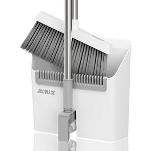 JOYMOOP White Broom and Dustpan Set, Upright Angle Design with Built-in Comb Teeth for Kitchen, Office, Pet Hair, Hard Floors