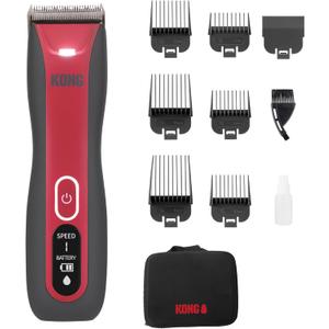 Kong 3-Speed Cordless-Corded Dog Clipper Kit Stainless Steel Blade, Waterproof, LED Spotlight, Use-While-Charging, 6 Guide Combs, Ergonomic Handle Red/Gray, All Coat Types