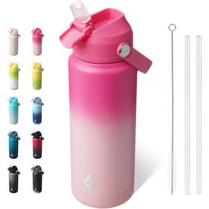 BJPKPK Water Bottle with Straw Lid, 24oz Vacuum Insulated Water Bottles, Metal Stainless Steel Thermos for Sports, Travel, BPA Free Leak Proof Thermos, Cups, Flasks, Tumblers,Cherry (24 Ounces)