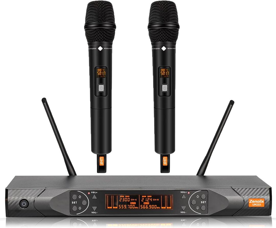 Wireless Microphone System, Metal Dual UHF Cordless Handheld Dynamic Karaoke Mic Set, Auto Scan, Long Range 200ft for Home Karaoke Singing, DJ Party, Church, Wedding, Speech (UM203)