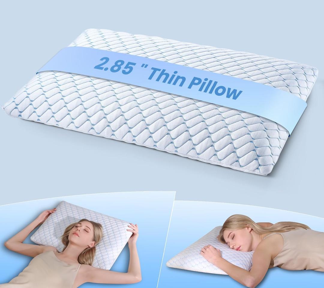 2.85" Ultra Thin Memory Foam Pillow with Cool-to-Touch Cover, Low Profile Flat Bed Pillow for Back & Stomach Sleepers, Standard Size