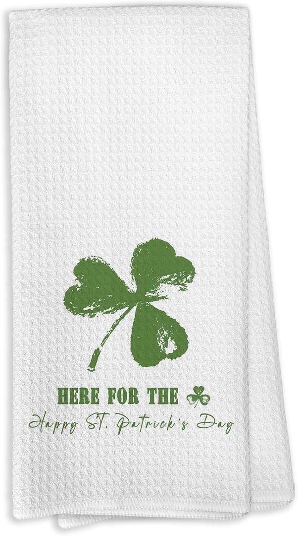 St Patrick's Day Shamrock Kitchen Dish Towels, Green Lucky Shamrock Four Leaf Clover St Patrick's Day Hand Tea Towels for Kitchen Bathroom Decorations, Irish Decor Towel Gifts, 16x24 Inches