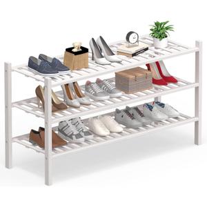 Haddockway Long 3 Tier Bamboo Shoe Rack Storage Organizer,Multifunctional Free Standing Stackable Shoe Shelf with Grid Panel for Closet,Hallway,Entryway,Small Space 34.2"x11"x20"