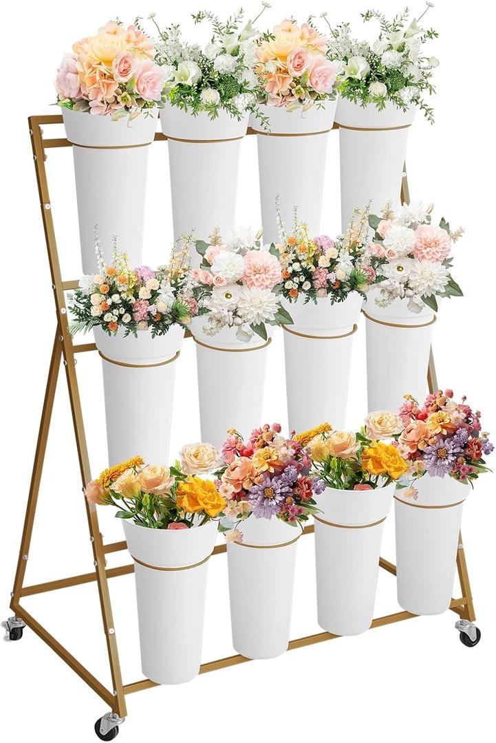 Garvee Flower Display Stand,3 Tier Flower Cart with 12 Round Buckets and Wheels, Moving Flower Cart Display Stand for Garden, Wedding, Flower Shop,Gold | Moving Flower Cart Display Stand for Garden, Wedding, Flower Shop,Gold
