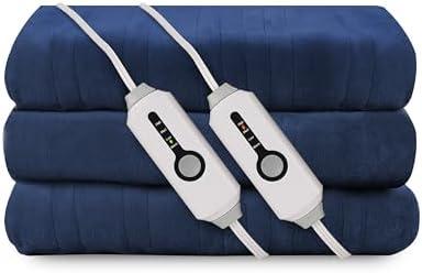 Electric Heated Blanket 84"x90" Queen Size, Soft Coral Fleece, Dual Controllers with 4 Heating Levels and 10 Hours Auto-Off, Machine Washable, Cozy Plush Fabric for Home, Dark Blue