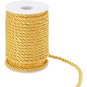 PH PandaHall 59 Feet 5mm Yellow Twine Rope - 3 Braided Thread for Home Decor, Costume, Upholstery, Curtain Tieback, Graduation Honor Cord - Decorative Twisted Satin Polyester String (5mm - 59 Feet)