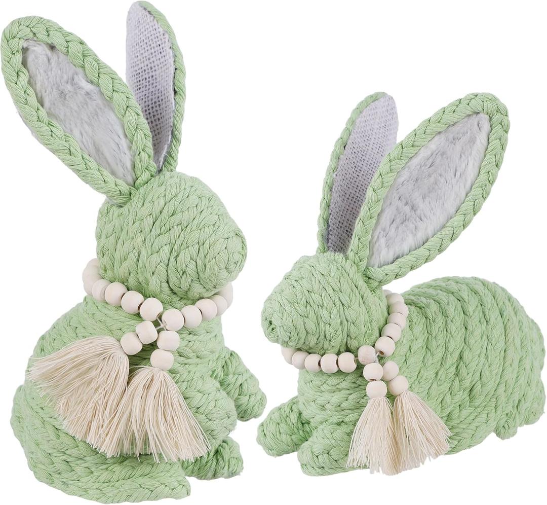 DR.DUDU 2 Pack Easter Bunny Decorations for Home - Rustic Woven Bunnies Easter Decor, Boho Spring Decor for Mantle, Shelf & Table Centerpiece (Green)