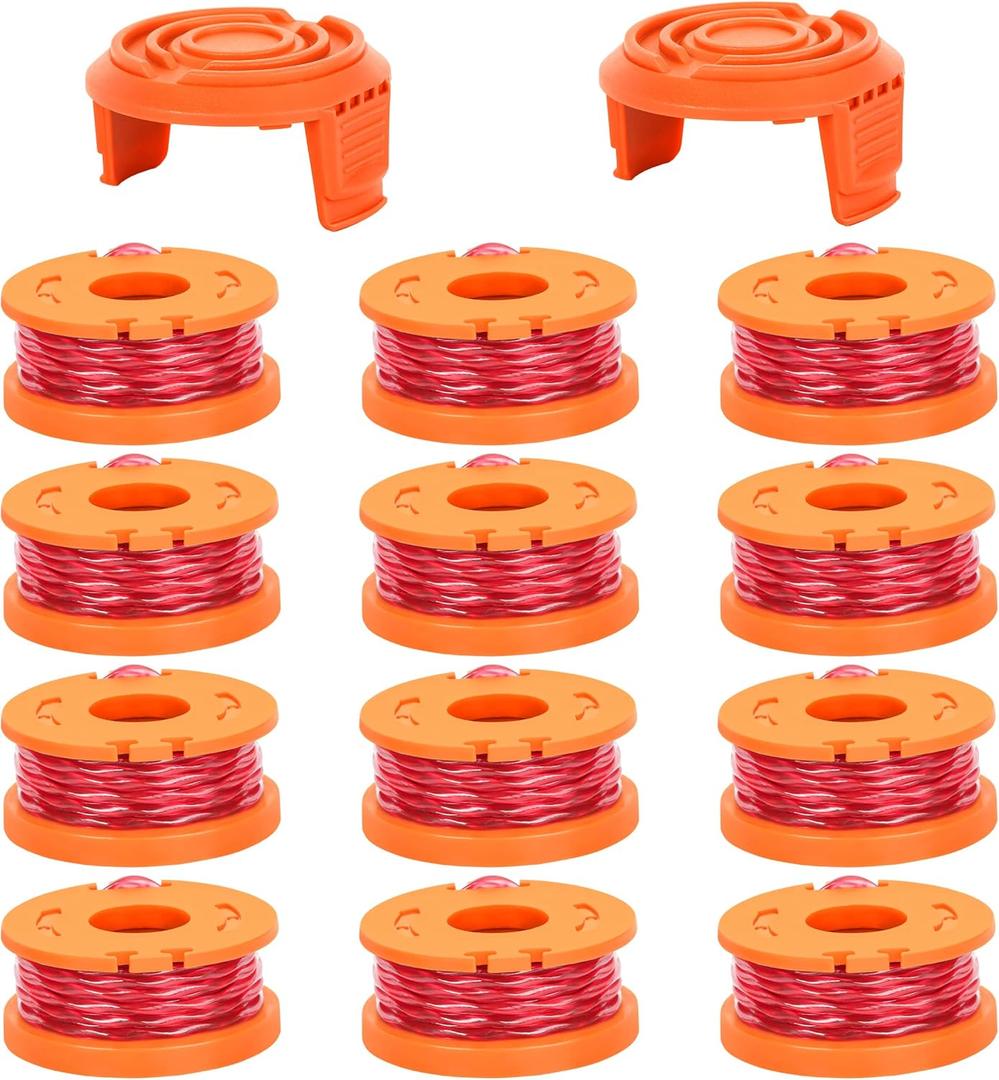 Trimmer Spool Line for Worx 14 Pack WA0010 Edger Spools Replacement for Worx Weed Eater String Suitable for Worx String Trimmers(12 Grass Trimmer Line, 2 Trimmer Cap)