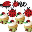 Gyufise 24Pcs Ladybug One Cupcake Toppers Glitter First Birthday Cake Topper Decorations for Garden Theme Baby Shower Birthday Party Cake Decorations Supplies (Red Black)