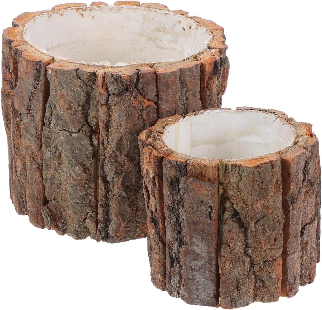 YARNOW Wood Bark Flower Pot, 8 Pcs Tree Stump Planter Pot for Succulents, 2 Sizes, Light Brown Wooden Buckets for Indoor and Outdoor Use