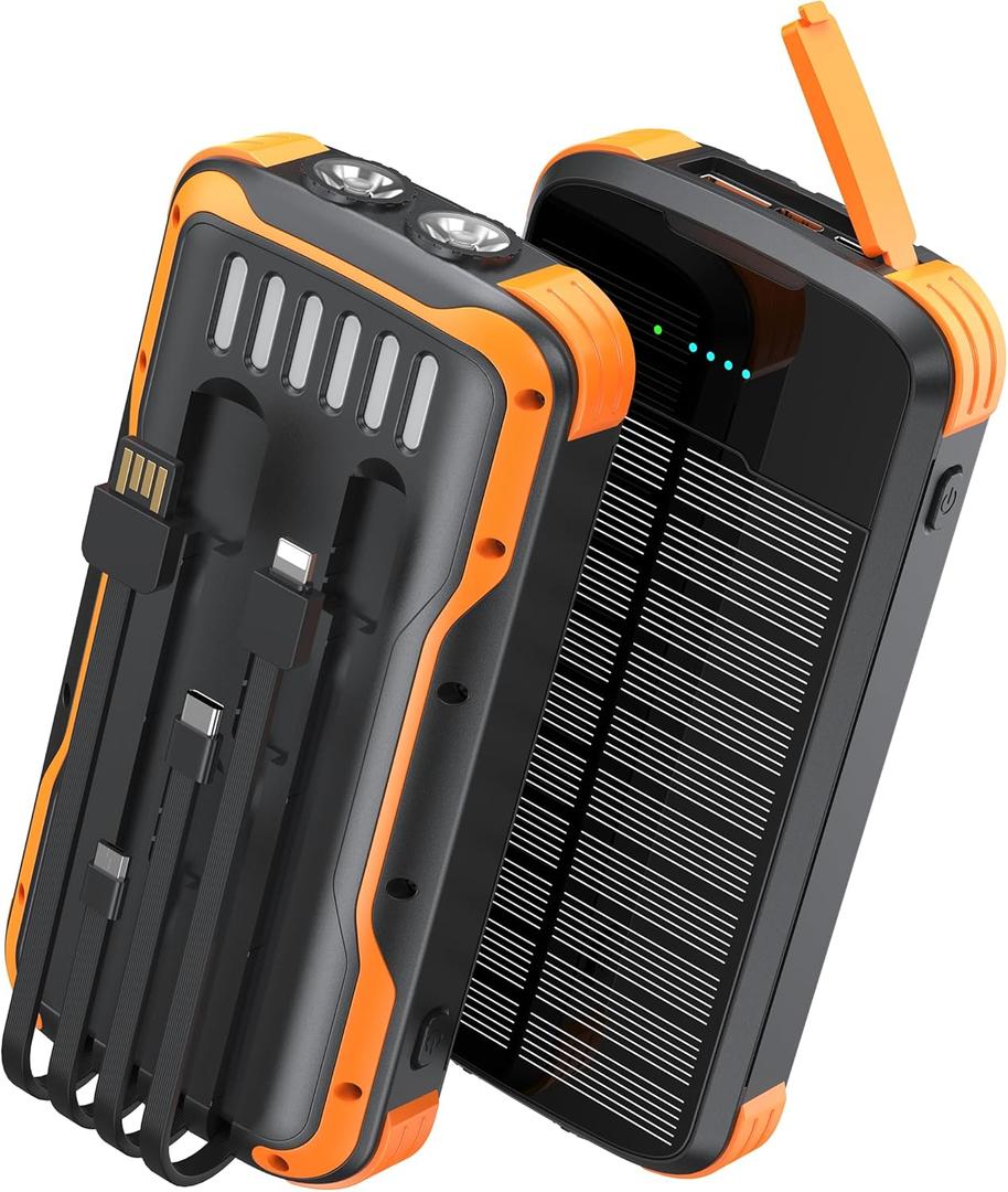 Solar Charger Power Bank, PD 20W Fast Charging External Batter, 40000mAh Portable Phone Charger Built in 4 Cables with Dual Bright Flashlights for Camping, Hiking, and Outdoor Use (Black-orange)